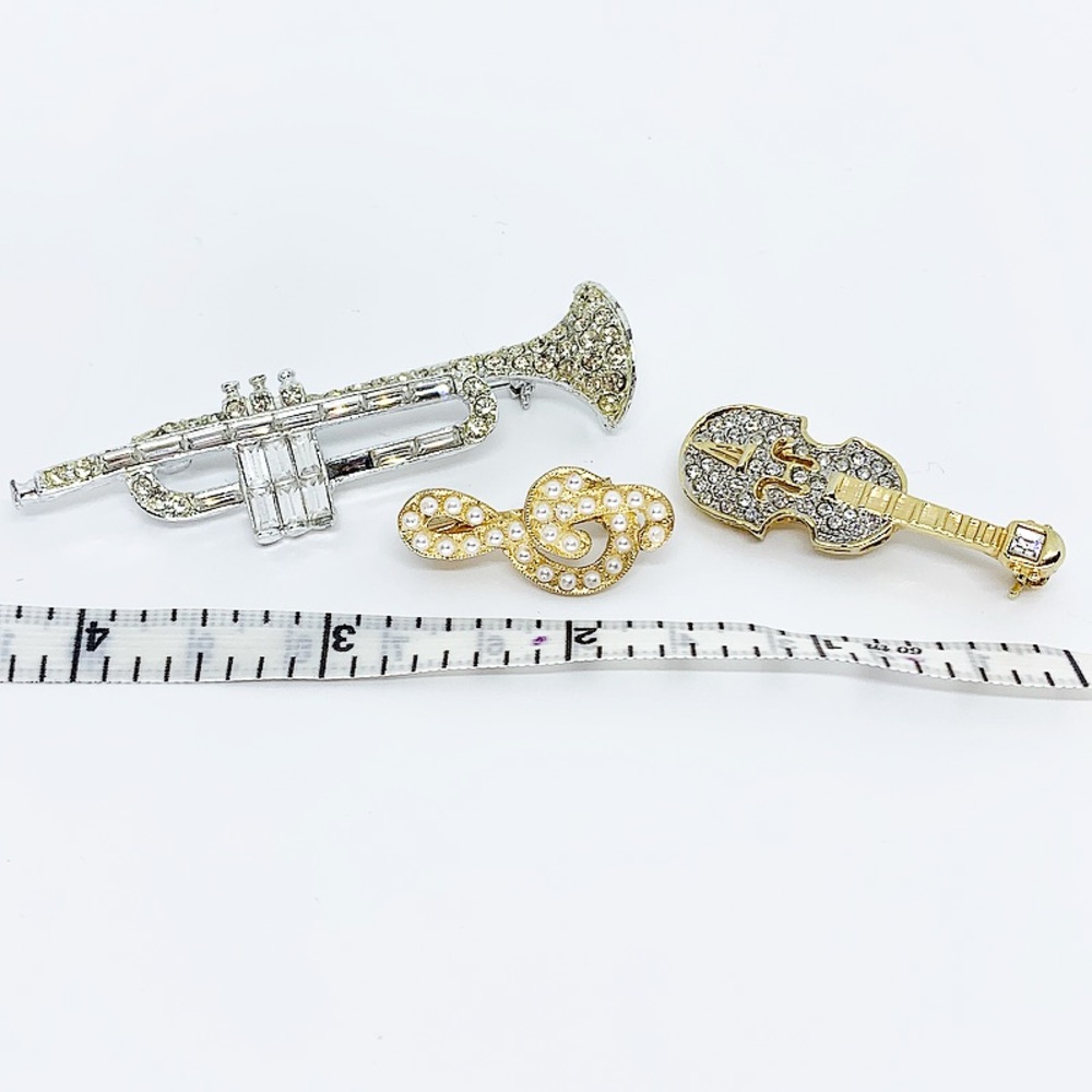 Vintage Musical Instrument Sparkly Brooch Set